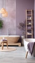 a bathroom with a bathtub and a stool Scandinavian interior Bathroom with Lavender color theme