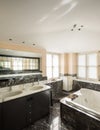 Bathroom with black marble tiles and empty big bathtub Royalty Free Stock Photo