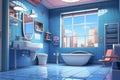 Bathroom blue anime visual novel game. Generate Ai