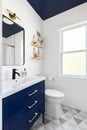 A bathroom with a blue cabinet and ceiling and pattern tile floor. Royalty Free Stock Photo
