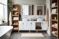 a bathroom with cabinets and shelves for towels, toiletries and other essentials