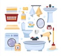 bathroom cartoon items. restroom furniture and accessories, interior elements, shower, towels, shampoo flasks, wash