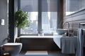 Bathroom with city view and green plants Royalty Free Stock Photo