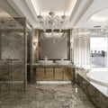 Bathroom in classic style in gray marble and gold doors on a twin washbasin and a large bathtub