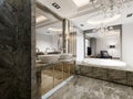 Bathroom in classic style in gray marble and gold doors on a twin washbasin and a large bathtub