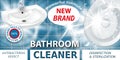 Bathroom cleaner killing bacteria. Cleaning of toilet and ceramic sink. Ad and package design realistic template, 3d illustration