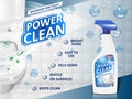 Bathroom cleaners ad poster, spray bottle mockup with detergent for bathroom sink and toilet with bubbles. 3d Vector