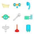 Bathroom cleaning icon set, cartoon style