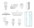 Bathroom collection. Washroom toilet sink modern white objects of bathroom vector realistic pictures