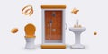 Bathroom color concept. 3D shower cabin, toilet, washstand, orange decorative elements