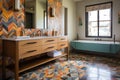 a bathroom with colorful, patterned tile and a floating vanity