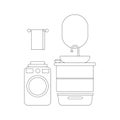 Bathroom coloring. Linear vector bathroom. Plan of the restroom with furniture arrangement. Illustration in an outline.