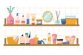 Bathroom cosmetics shelves. Body, skin and hair cares accessories, beauty products, cream cute jars, shampoo and shower