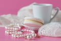 Bathroom counter with coffee, vintage pearls jewelry Royalty Free Stock Photo