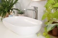 Bathroom counter with sink, beautiful green houseplants and toothbrushes near white marble wall Royalty Free Stock Photo