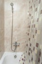 Bathroom with a curtain from water breezes with a shower diffuser and a faucet assembly. Design and interior with nice brown tiles