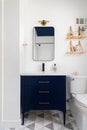 A bathroom detail with a pattern tile floor and dark blue cabinet. Royalty Free Stock Photo