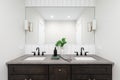 A bathroom with a dark wood cabinet and shiplap around the mirror. Royalty Free Stock Photo