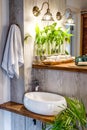 Bathroom design in loft or boho style with sink, towels and Spathiphyllum flowers in vase Royalty Free Stock Photo
