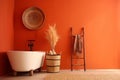 Bathroom design orange wall. Generate Ai Royalty Free Stock Photo