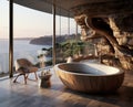 Bathroom design planning, luxury style flawless , relaxing place with a view of the sea scenery, magnificent original