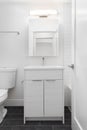 A bathroom detail with a white wood cabinet and dark grey tile floor. Royalty Free Stock Photo