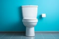 Bathroom elegance white ceramic toilet contrasts beautifully with the soothing blue wall Royalty Free Stock Photo