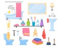 Bathroom elements. Bath sink, cartoon toothbrush and hygiene objects. Towels, bottles, lamp and mirror. Isolated Royalty Free Stock Photo