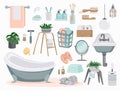 Bathroom elements. Cartoon plumbing and toilet furniture. Enameled washbasin and bath, mirror or towel holder Royalty Free Stock Photo