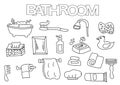 Bathroom elements hand drawn set. Coloring book template. Outline doodle Royalty Free Stock Photo