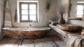 earthy bathroom design, bathroom embraces wabi-sabi style with aged wooden tub and artisanal ceramic sink, celebrating Royalty Free Stock Photo