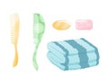 Bathroom equipment set. Cartoon bathroom accessories vector icons hair combs, soap and folded towel. Hygiene items set