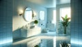 bathroom that exudes freshness and cleanliness. The walls and floor tiles gleam, reflecting the ambient light,. AI Generated