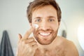 Bathroom, face cream or portrait of happy man with home facial cleaning, morning skincare grooming or male beauty Royalty Free Stock Photo