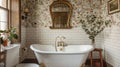 The bathroom features a clawfoot bathtub surrounded by white subway tiles and accented with a vintage brass faucet. The