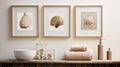 Nature-inspired Wooden Framed Wall Art With Sea Shells And Towels