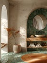 Bathroom interior with green tiled walls, sink, and mirror Royalty Free Stock Photo