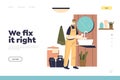 Bathroom fixing concept of landing page with plumber in uniform with spanner repairing sink