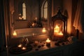 bathroom with flickering candles, atmospheric lighting and plush towels for a romantic evening