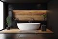 bathroom home design luxury furniture designer bathtub modern wood black interior. Generative AI. Royalty Free Stock Photo
