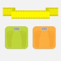 Bathroom floor electronic weight scale with word fat. Yellow measuring tape. Flat design style. Royalty Free Stock Photo