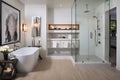 A bathroom with a freestanding soaking tub, glass-enclosed shower, and heated floors for ultimate comfort.