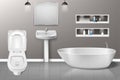 Bathroom furniture interior with modern bathroom sink, mirror, toilet on grey wall. Realistic bathroom interior design