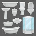 Bathroom furniture set, interior elements and lavatory equipment such as bathtub, shower cabin, toilet, sink, bidet Royalty Free Stock Photo