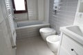 Bathroom with gray tile covering and floor-mounted sanitary fixtures