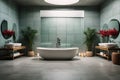 bathroom with gray tiled walls concrete flooring white bathtub Royalty Free Stock Photo