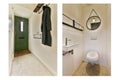 a bathroom with a green door and a white toilet