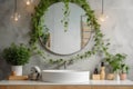 Bathroom green plant mirror. Generate Ai