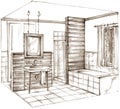 Handrown monochrome pencil sketch of a traditional bathroom interior on white background. Royalty Free Stock Photo