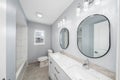 detroit, Michigan -USA- February 8, 2023: bathroom has modern upgrades during a home renovation Royalty Free Stock Photo